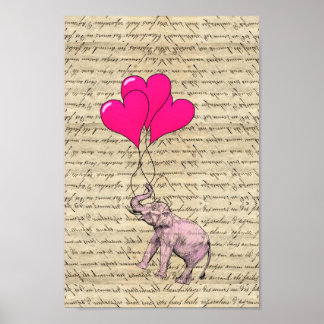 Póster Elefante rosa segurando balões