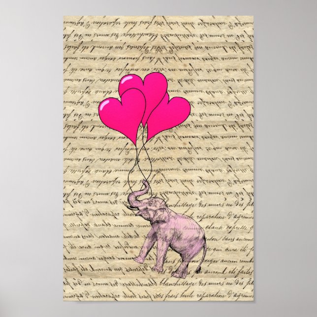 Póster Elefante rosa segurando balões (Frente)