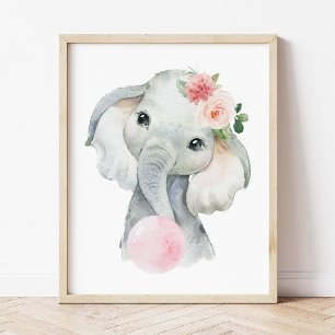 Poster Elefante, Safari, Chiclete Rosa, Berçário de Menin