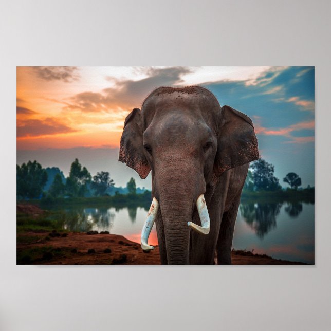 Poster Elefante selvagem (A close-up shot of an elephant with large tusks standing near a body of water.)