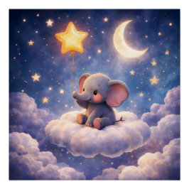 Póster Elefante sonhador e estrelas da meia-noite quadrad