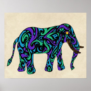 Póster Elefante tribal do tatuagem em azul e verde roxos