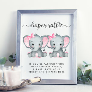 Poster Elefante Twin Baby Girls Chá Fralda Raffle