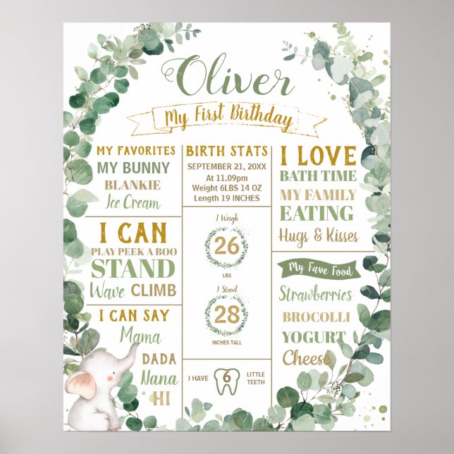 Poster Elefante Verde de Aniversário Estatísticas de Nasc (Frente)