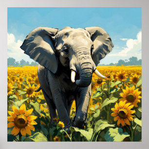 Poster Elefante Vibrante na Pintura de Campo de Girassol
