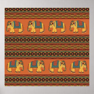 Poster Elefantes Indianos, Laranja Tradicional Sem Costur
