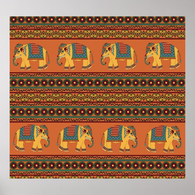 Poster Elefantes Indianos, Laranja Tradicional Sem Costur (Frente)