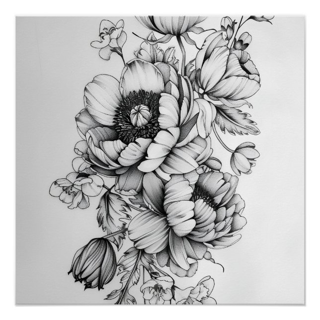 Póster Élégance florale en noir et blanc (Frente)