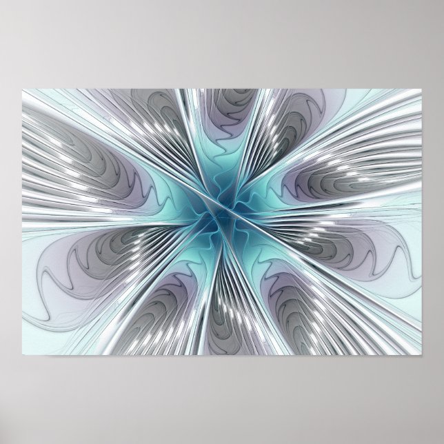 Póster Elegance Modern Blue Cinza White Fractal Art Flowe (Frente)