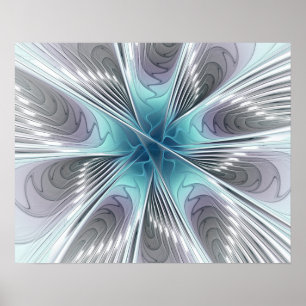 Póster Elegance Modern Blue Cinza White Fractal Art Flowe