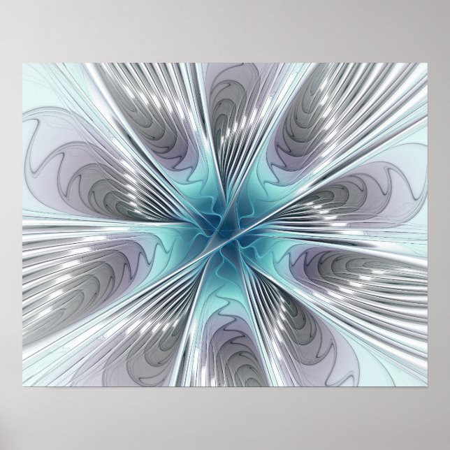 Poster Elegance Modern Blue Cinza White Fractal Art Flowe (Frente)