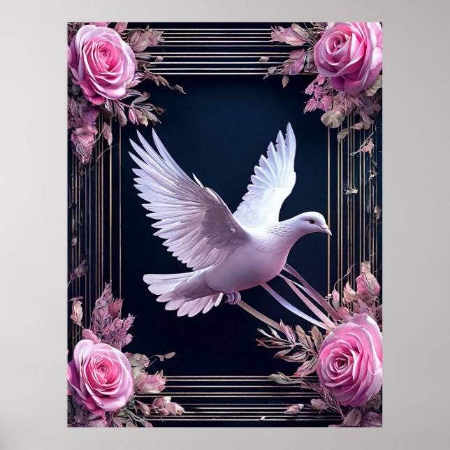 Poster Elegância de Pombo Branco com Rosas Pink (Frente)