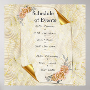 Poster Elegância Elegante Dourada e Rosas Folhas e Pássar