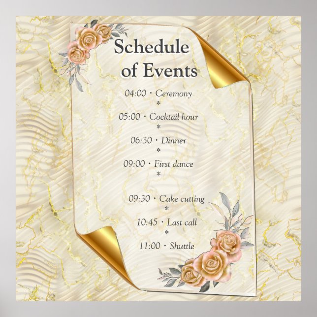 Poster Elegância Elegante Dourada e Rosas Folhas e Pássar (Frente)