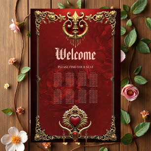 Poster Elegância em brilho vermelho com um coração orname