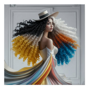 Póster Elegância em contraste Mulher de Cabelo Curvo