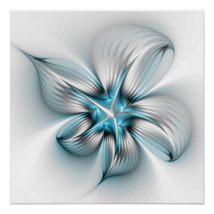 Póster Elegância Floral Arte Fractal Azul Abstrata Modern
