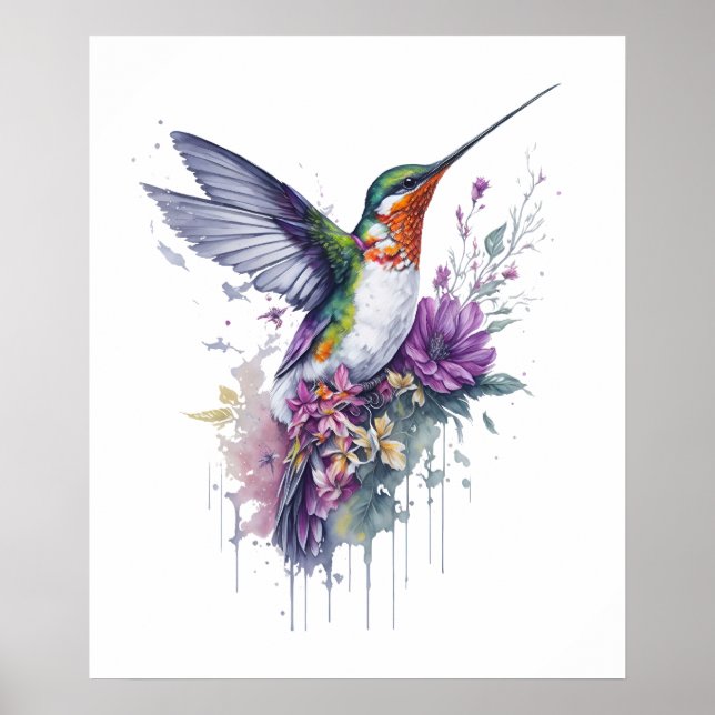 Poster Elegância Floral - Hummingbird Aquarela (Frente)