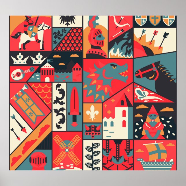 Poster Elegância medieval: Design de padrão sem costura (Frente)
