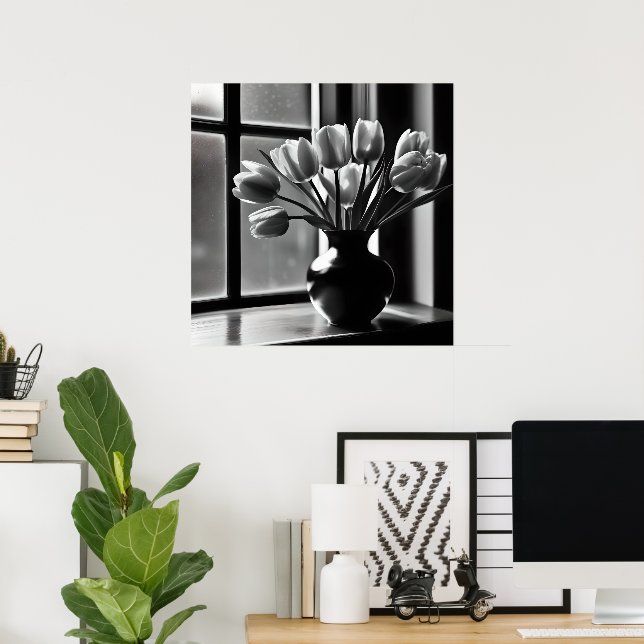 Poster "Elegância monocromática: Tulipas brancas pretas c (Escritório em casa)