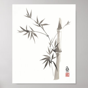 Poster Elegância Silenciosa de Bambu Arte com Pincel Chin