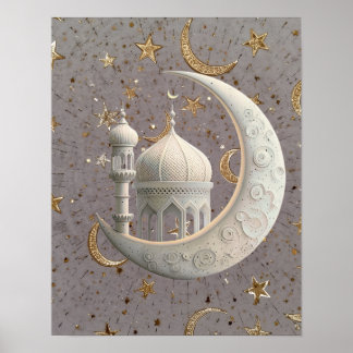 Poster Elegant 3D White Crescent & Mosque Ramadan Design