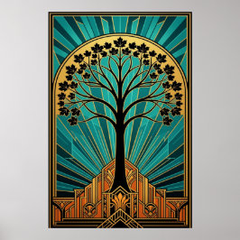 Poster Elegant Art Deco Maple Tree Silhouette Gold Teal