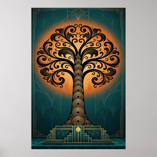 Poster Elegant Art Deco Tree Silhouette Gold & Teal Poste (Frente)