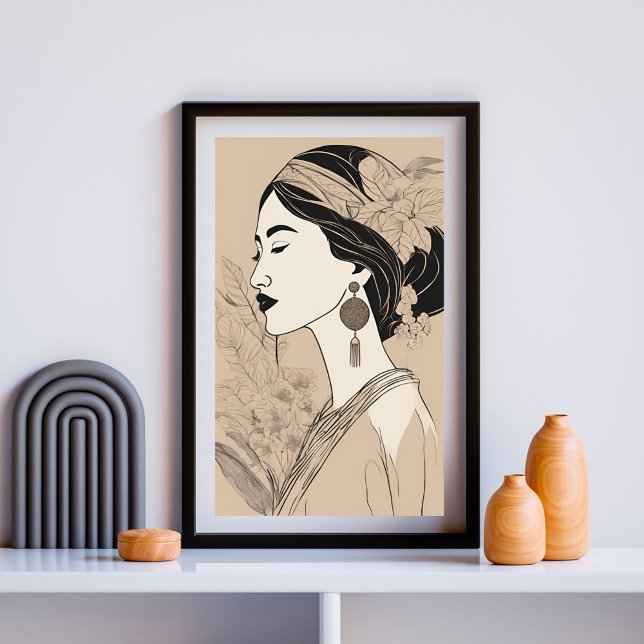 Poster Elegant Asian Woman – Botanical Minimalist Line Ar (Criador carregado)