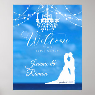 Poster Elegant Beach, Couple & Chandelier Welcome Sign