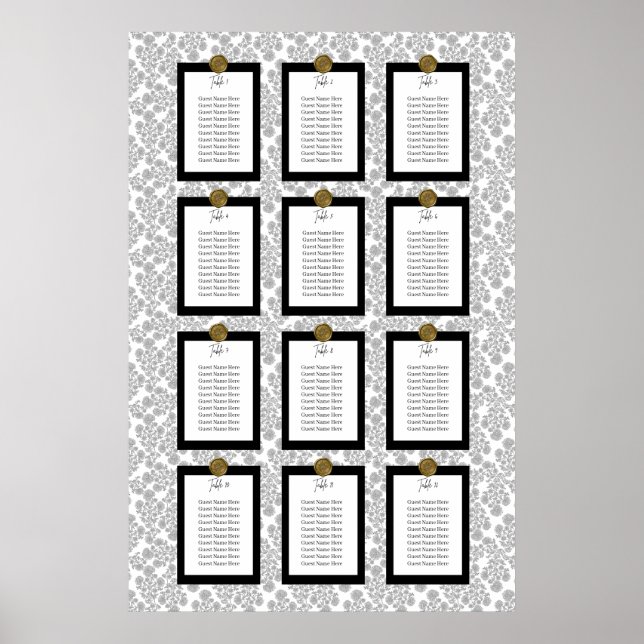 Poster Elegant Black Floral Toile Seating Chart (Frente)