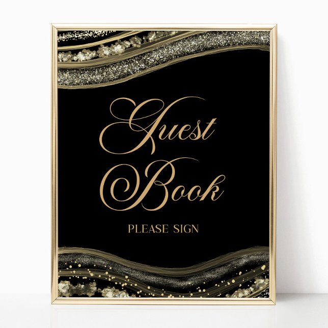 Poster Elegant Black Gold Agate Guest Book Sign (Criador carregado)