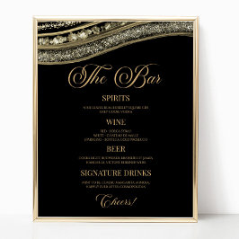 Poster Elegant Black Gold Agate Party Bar Menu Sign