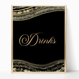 Poster Elegant Black Gold Agate Party Drinks Sign