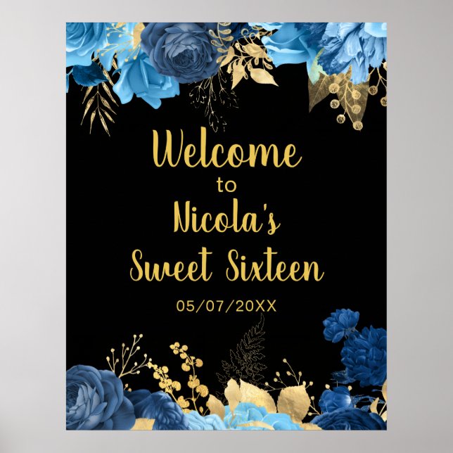Poster Elegant Blue and Gold Flowers Sweet Sixteen (Frente)