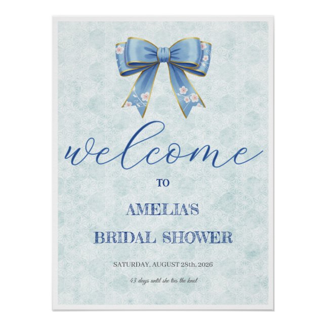 Póster Elegant Blue Bow Engagement Party Invitation (Frente)