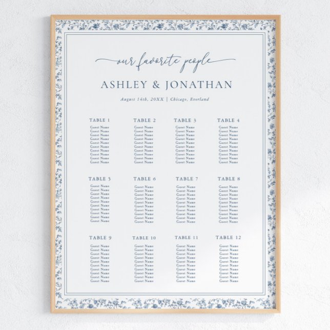 Poster Elegant Blue Chinoiserie Wedding Seating Chart (Criador carregado)