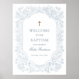 Poster Elegant Blue Floral Baptism Welcome