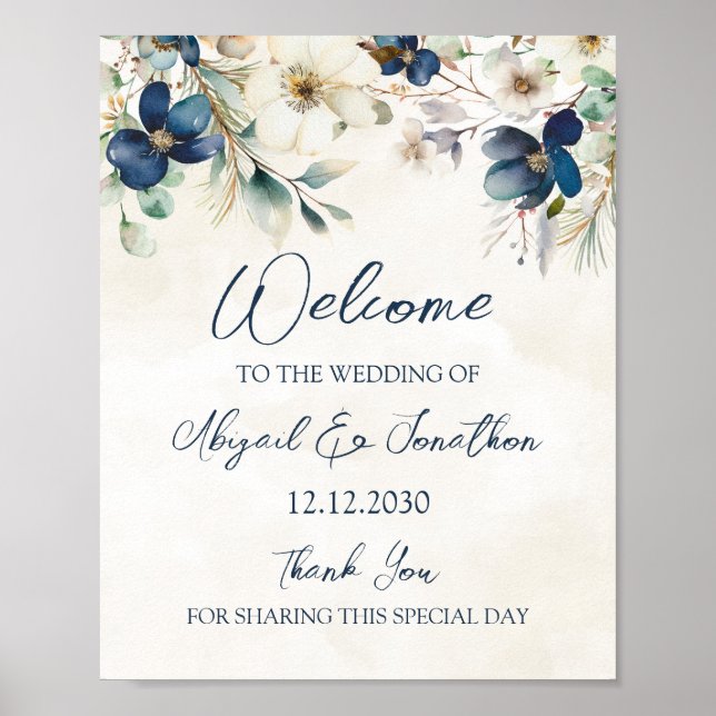 Poster Elegant Blue Floral Winter Wedding Welcome (Frente)