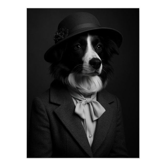 Póster Elegant Border Collie in Cloche Hat & Bow (Frente)