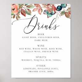 Poster Elegant Botanical Fall Wedding | Bar Drinks Menu