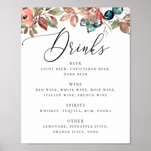 Poster Elegant Botanical Fall Wedding | Bar Drinks Menu (Frente)