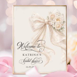 Poster Elegant Bow and Pearl Bridal Shower Welcome