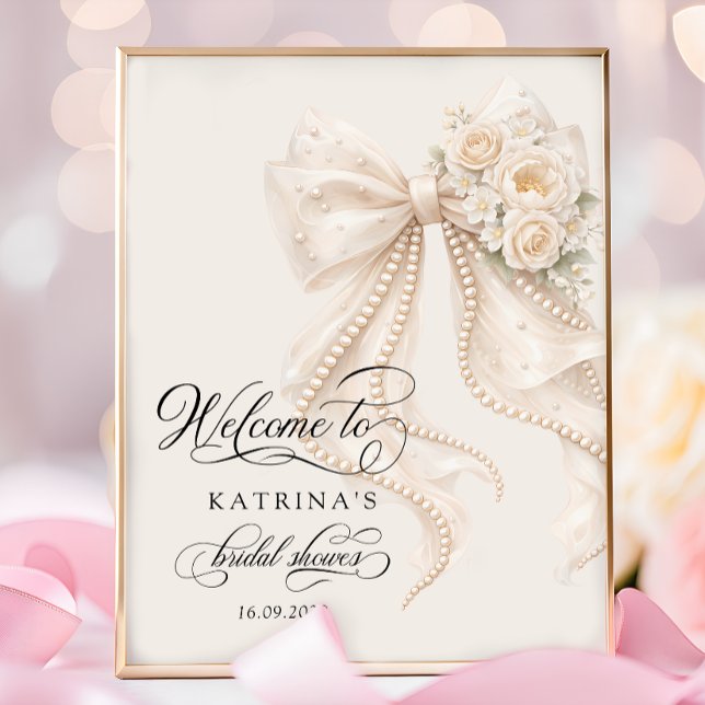 Poster Elegant Bow and Pearl Bridal Shower Welcome (Criador carregado)