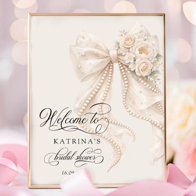 Poster Elegant Bow and Pearl Bridal Shower Welcome (Criador carregado)