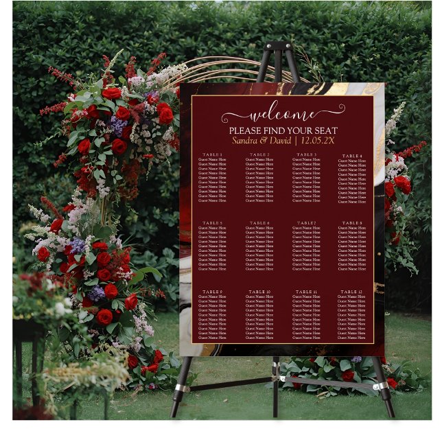 Poster Elegant Burgundy Gold Marble Wedding Seating Chart (Criador carregado)