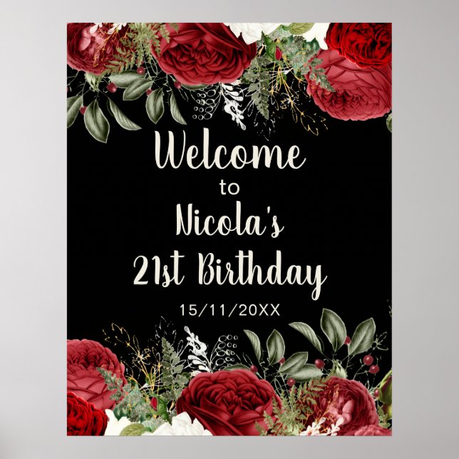 Poster Elegant Christmas Red Flowers Birthday Party (Frente)