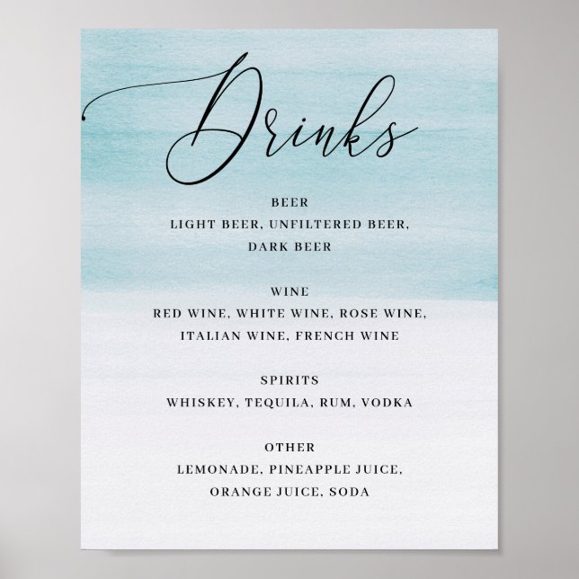 Poster Elegant Coastal Wedding | Blue Watercolor Drinks (Frente)