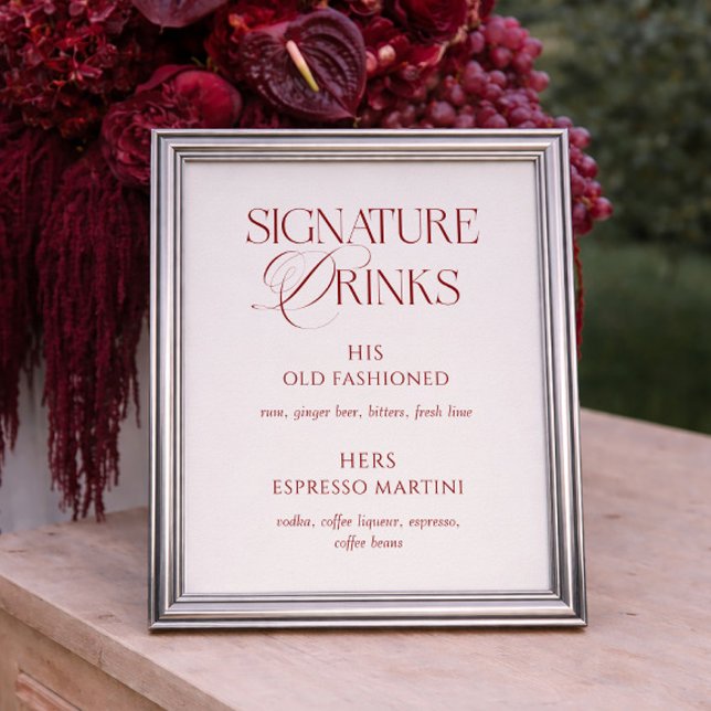 Poster Elegant Cream & Burgundy Wedding Signature Drinks (Criador carregado)