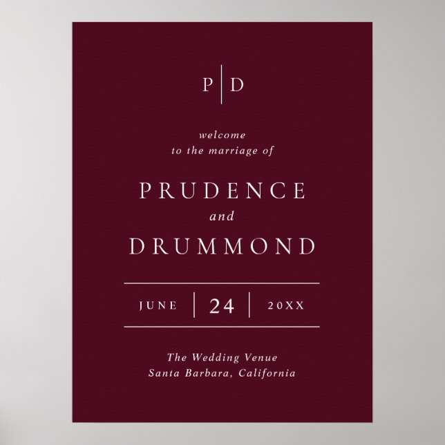 Poster Elegant Deep Burgundy Classic Wedding Welcome Sign (Frente)